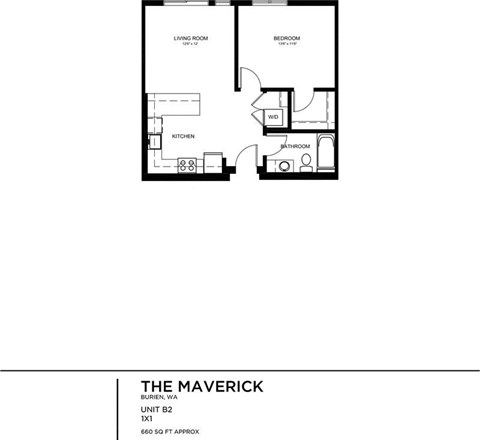 Floor plan for 1 bed, 1 bath, 661 sqft